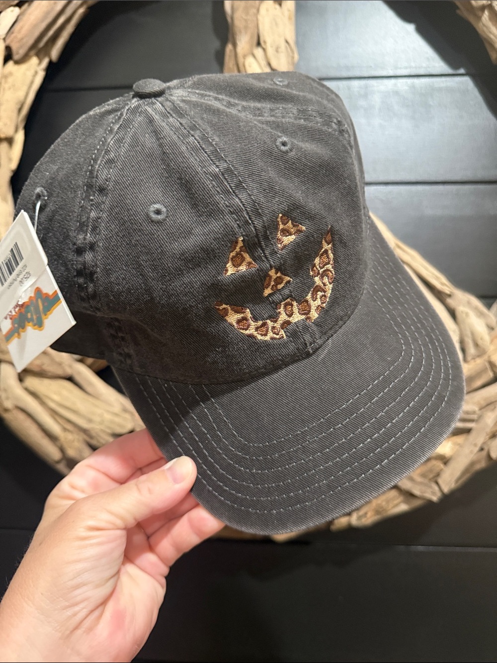 Denim Black Baseball Cap with Leopard Jack-O'-Lantern Accent